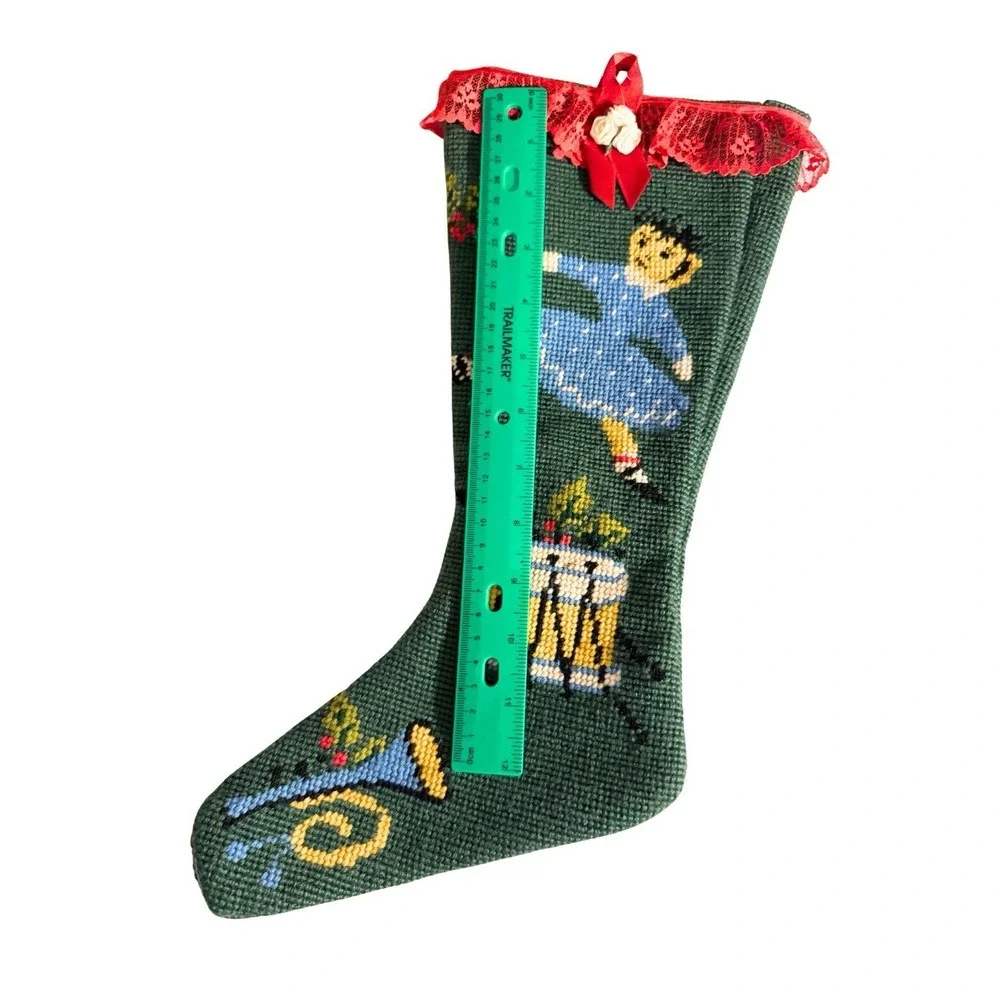 Vintage Hand-Stitched Needlepoint Christmas Stocking Green